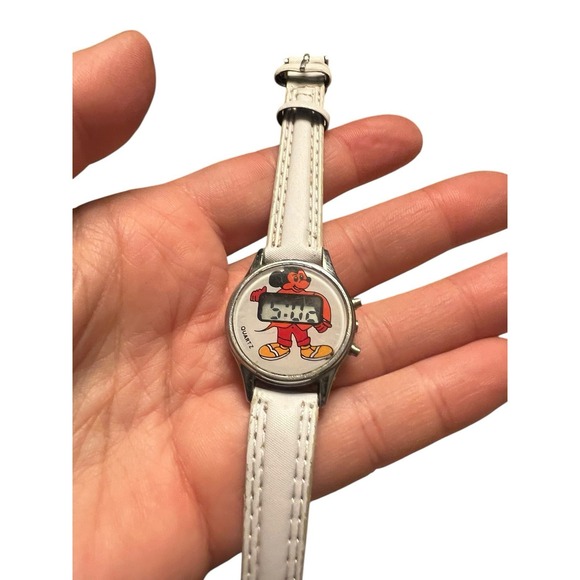 Disney Accessories - Vintage Disney Mickey Mouse Quartz Wrist Watch White Leather Band Works Great!